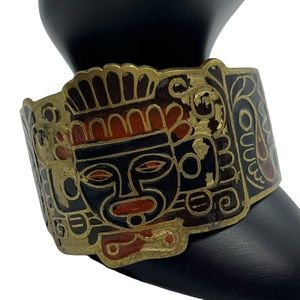 Vintage Brass Enamel Painted Mayan Cuff Bracelet India